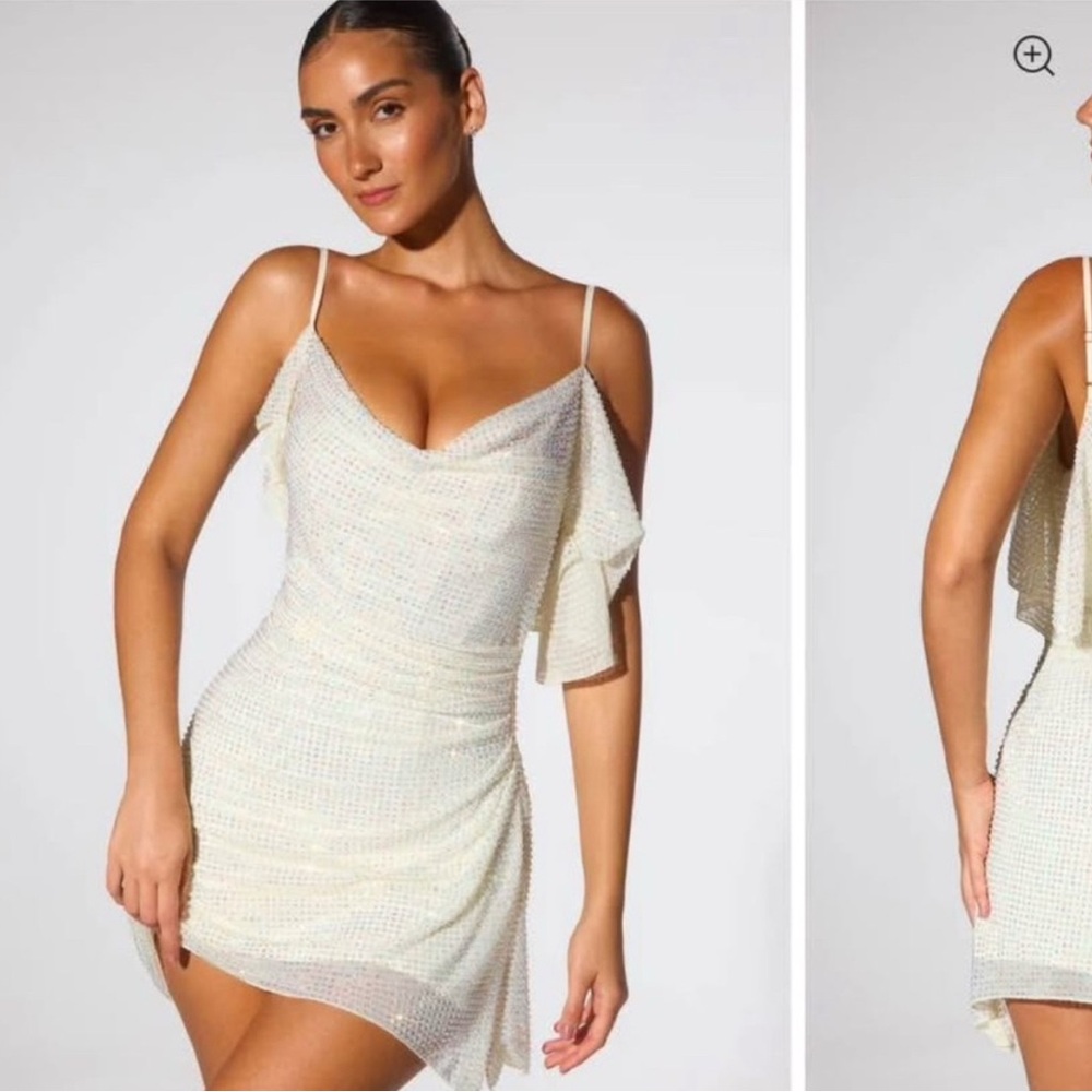 Oh Polly Cream Asymmetrical Ruched Bodycon Mini Dress